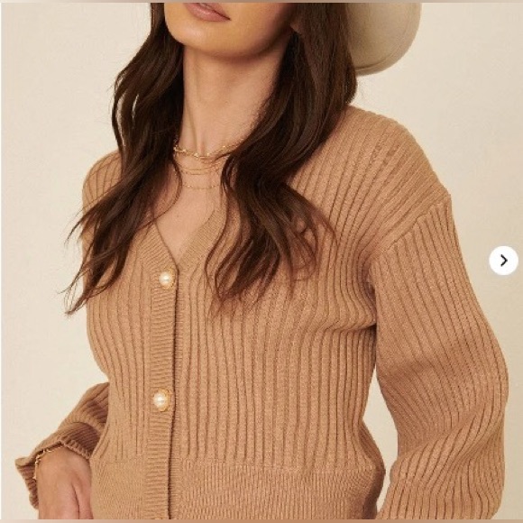 Tan Pearl Button Rib-Knit Cardigan - Picture 6 of 10